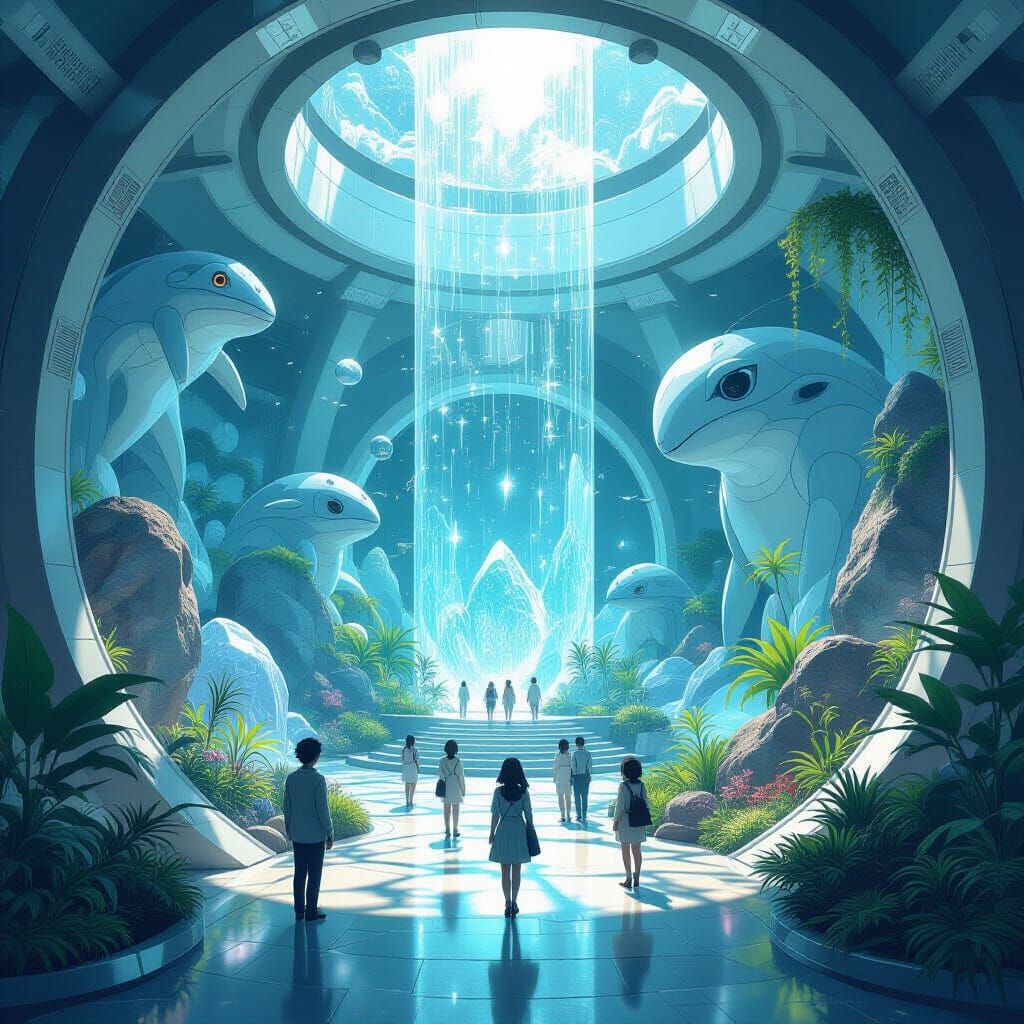 Futuristic Museum with Bizarre Creatures in Anime Style