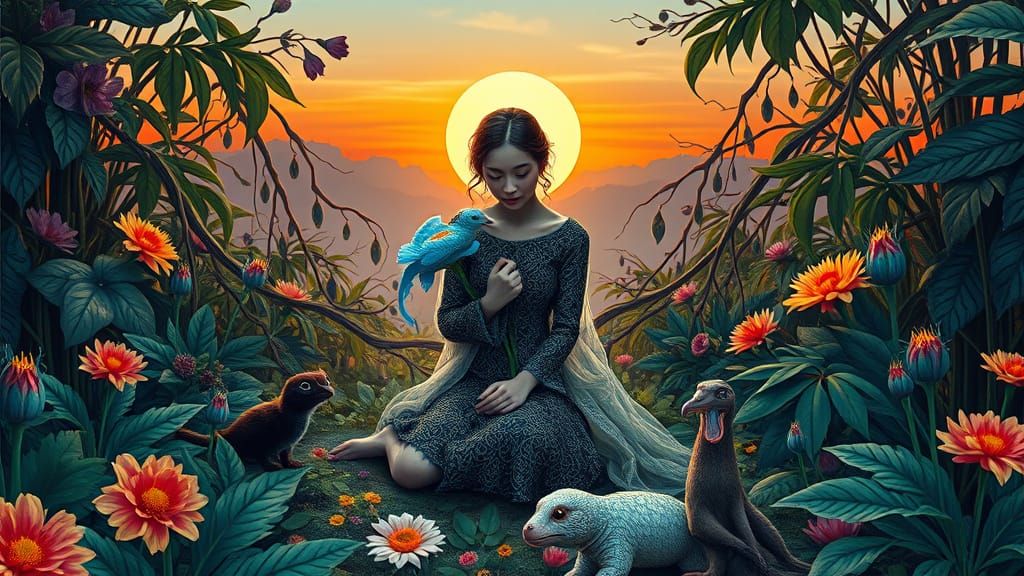 Cosmic Surrealist Figure Surrounded by Vibrant, Fantasy Plan...