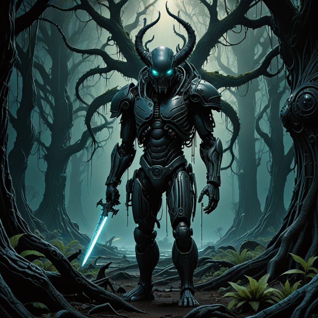 A lone cyberpunk wanderer with glowing neon tattoos stands before a colossal, bioluminescent tree in a hidden grove on a...