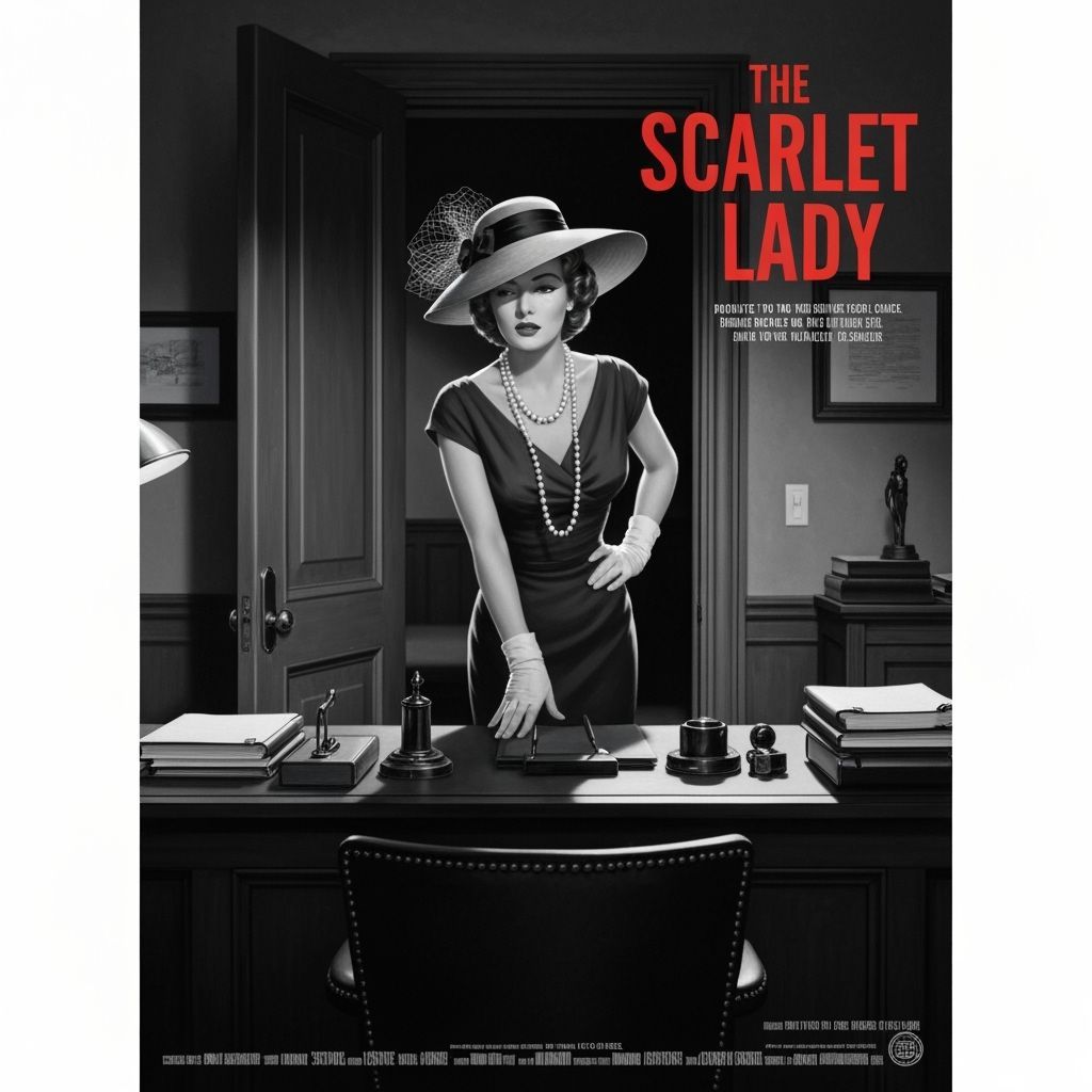 Poster Detective's POV full length portrait from behind the desk of a Film Noir black, white and scarlet cinema Poster, ...