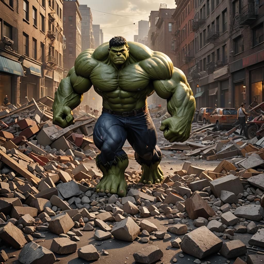 Hyper-Realistic Hulk Stands on City Street at Golden Hour