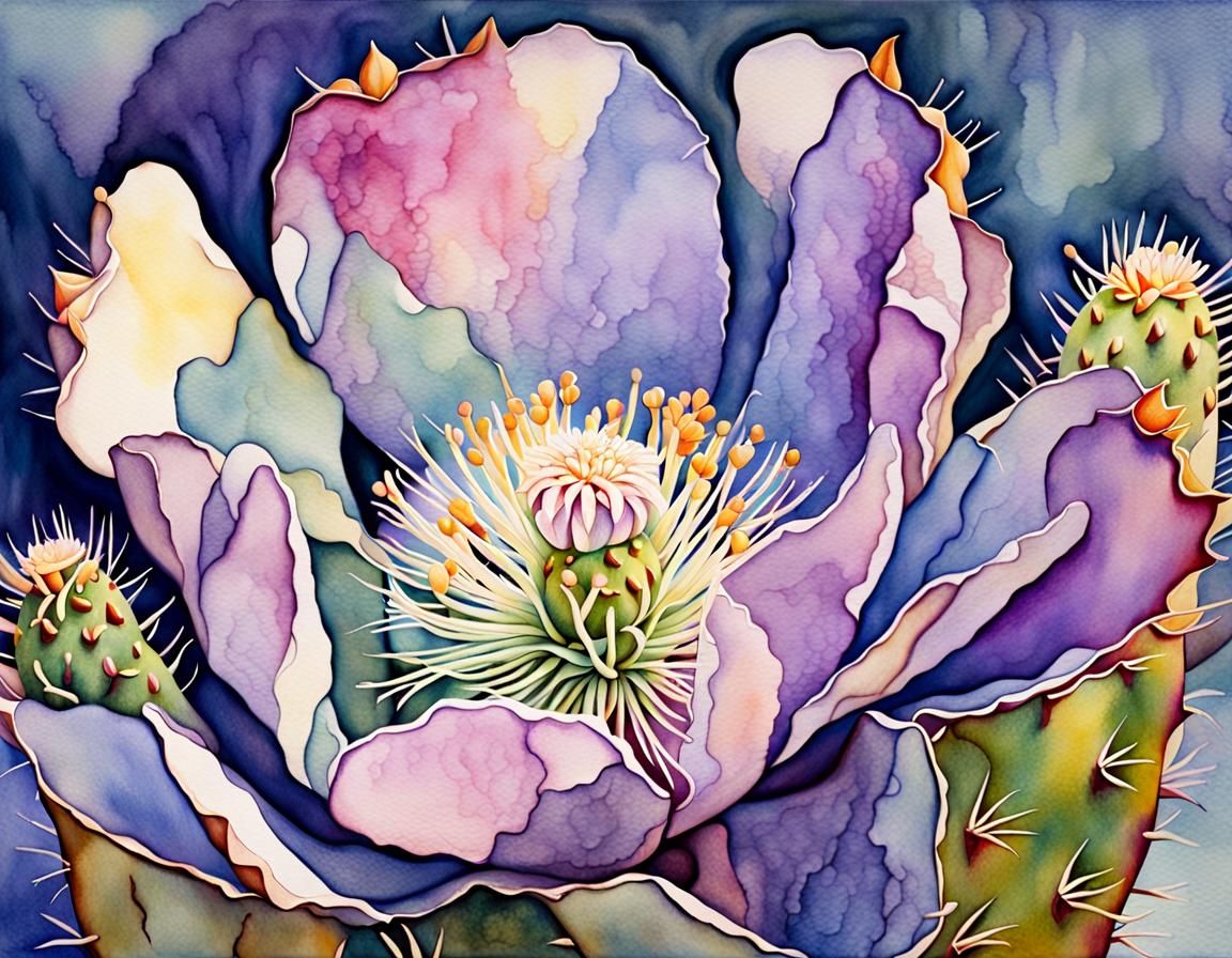 Cactus Flower in Art Nouveau Style Watercolor