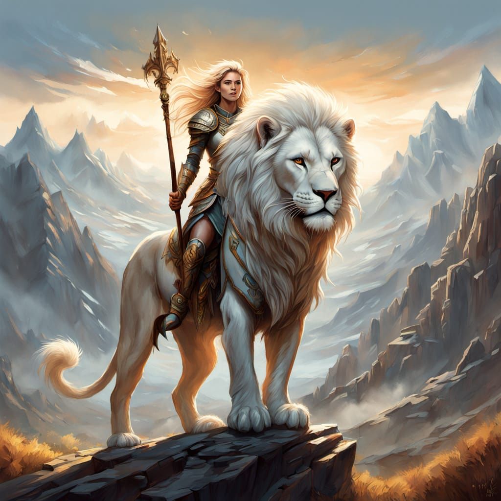 Female Traveler and White Lion in Fantasy Landscape