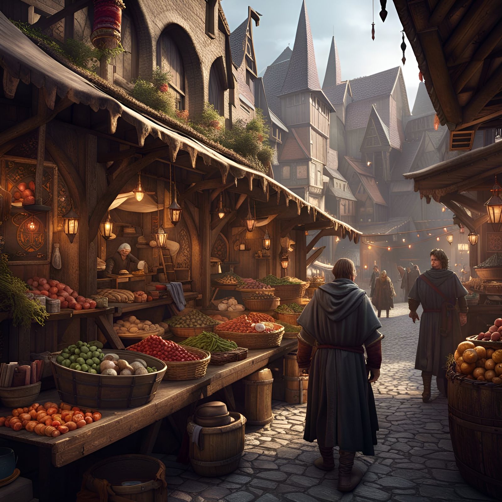 Lively Medieval Market in Detailed Fantasy Art Style