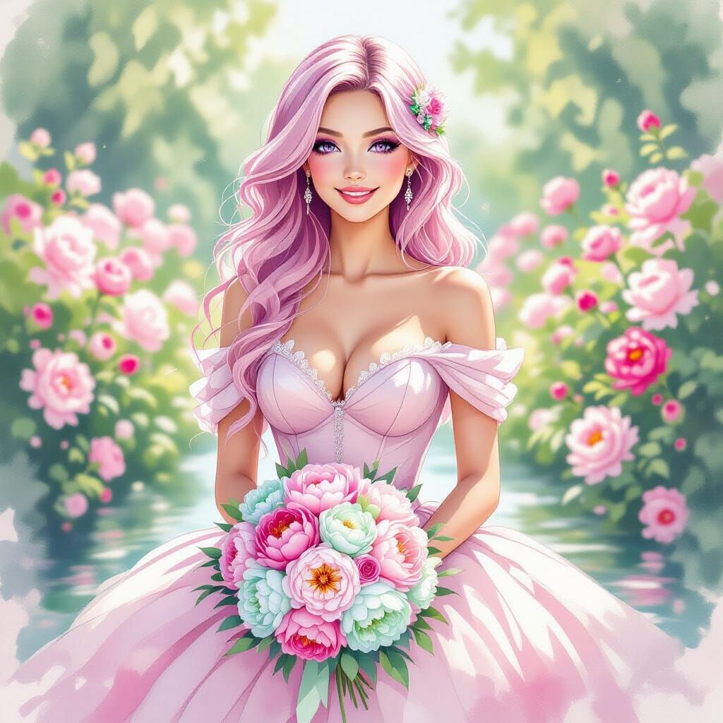 Pink-Haired Woman in Peony Garden, Watercolor Style