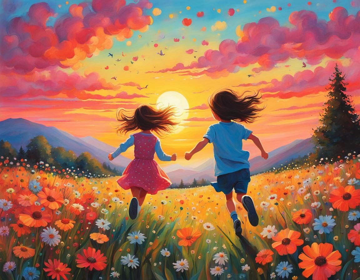 Kids Running in a Magical Flowery Field Illustration