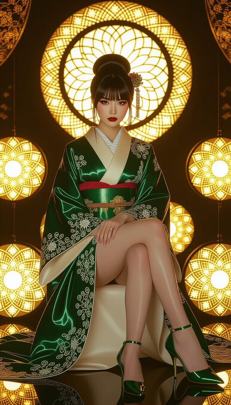 Elegant Woman in Emerald Leather and Lace