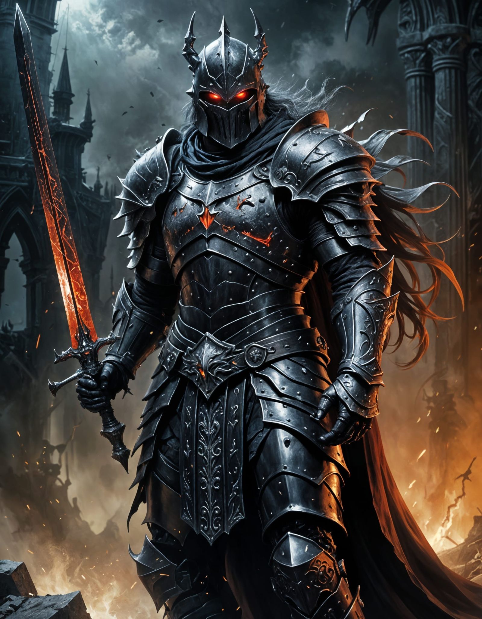 Hulking Knight in Black Armor with Sword