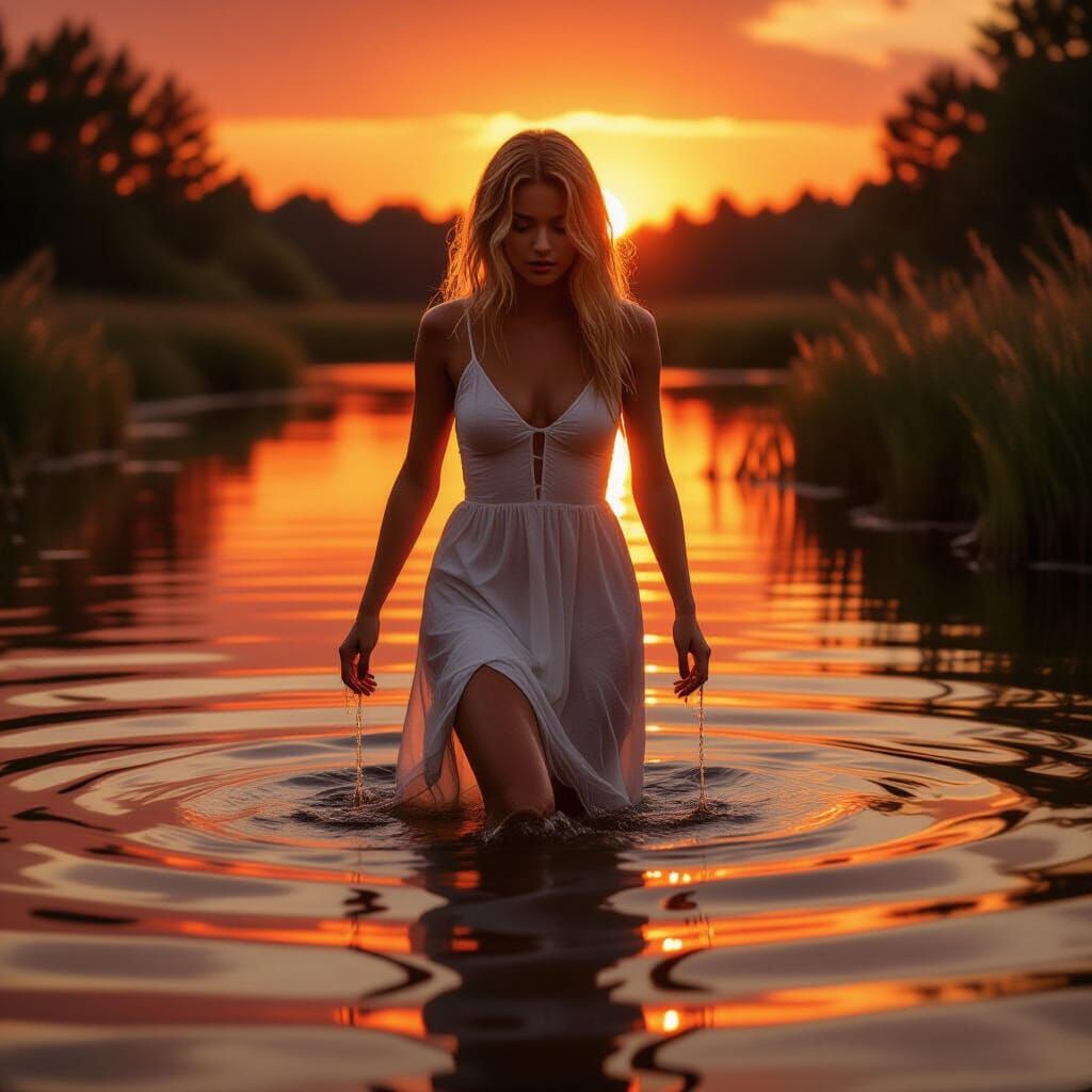 Teenage Woman Emerges from Sunset Pond