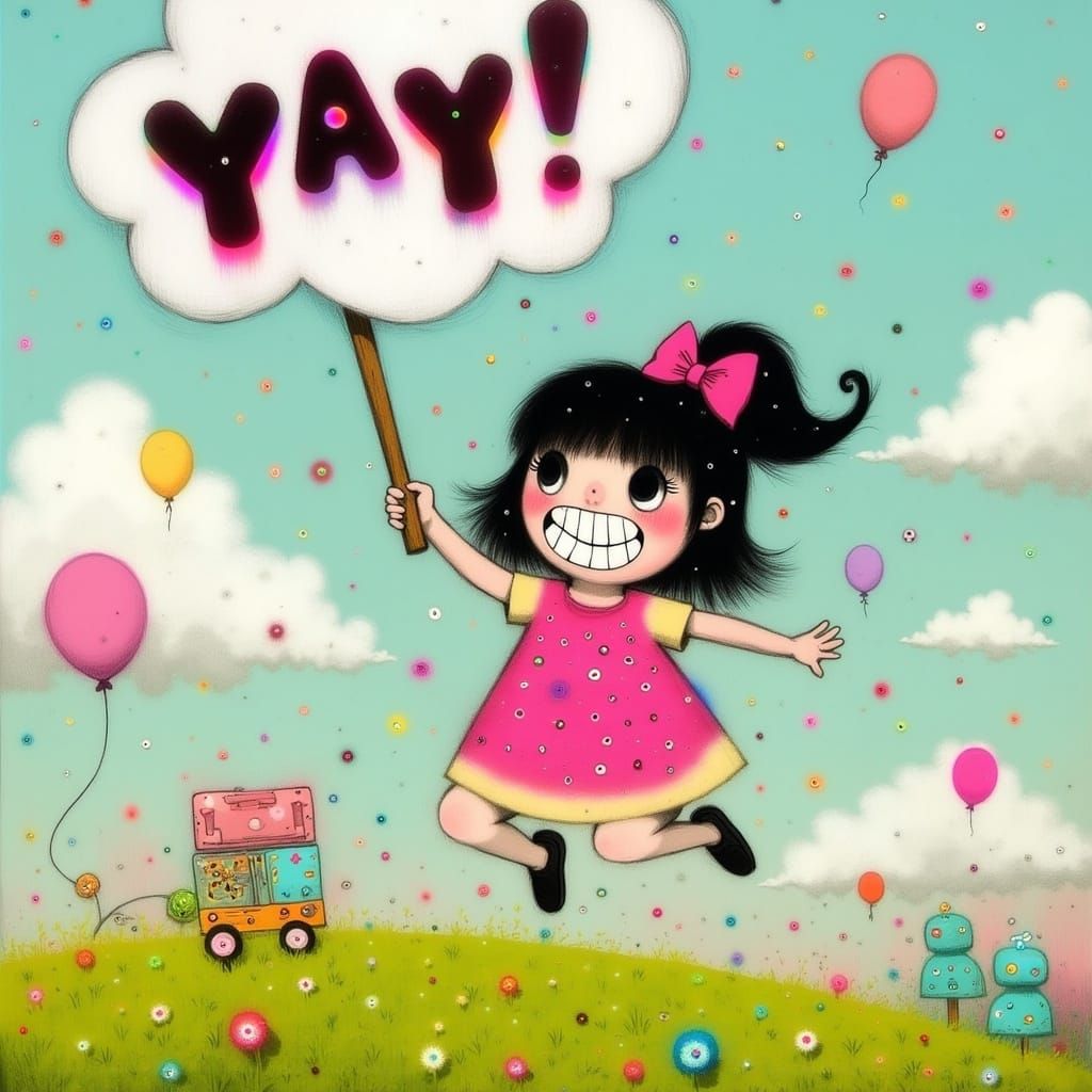 Whimsical Cheerleader Girl Leaps in Joyful Sunny Meadow