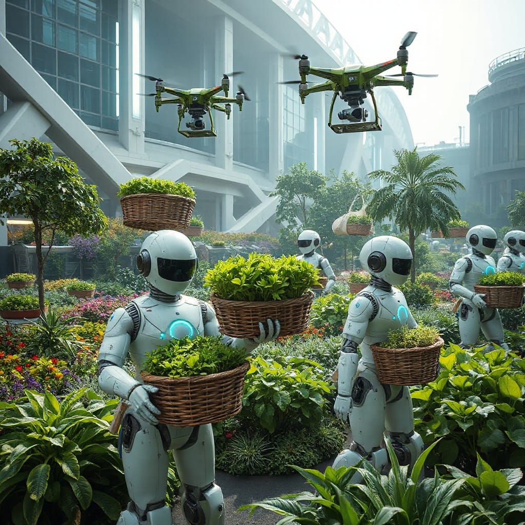Futuristic Robots Tend Garden in Harmonious Metropolis