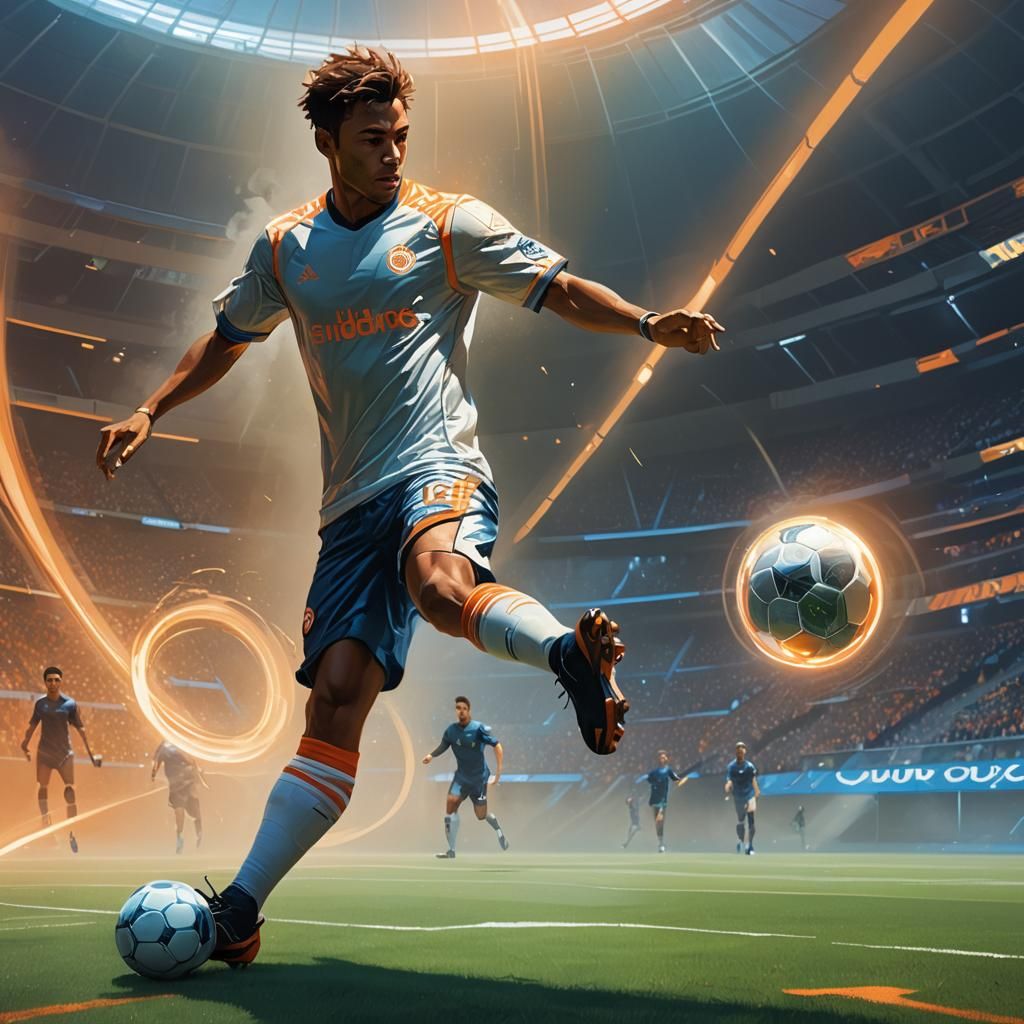 Futuristic Soccer Player Kicks Glowing Orb