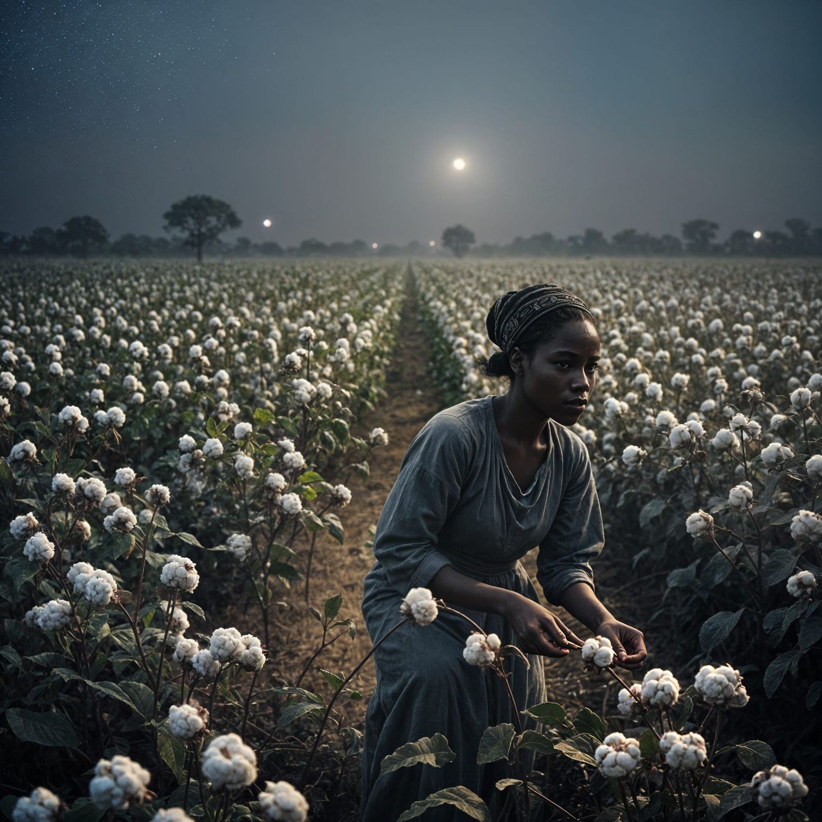 Cinematic Night: African Woman in Cotton Field
