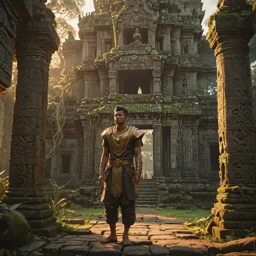 Futuristic Figure at Angkor Wat Temple Sunset