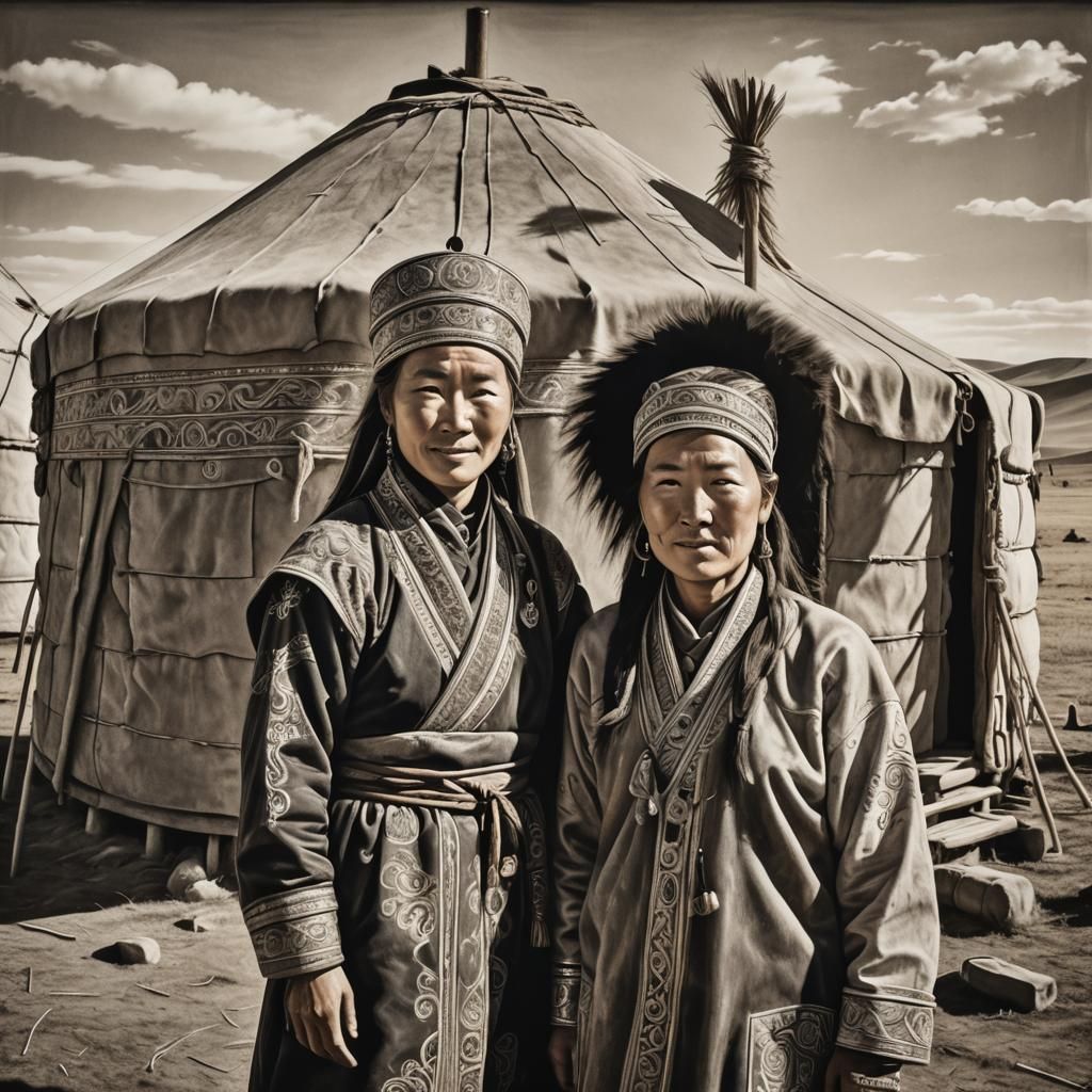 Mongolian Couple in Traditional Dress: Charcoal Drawing