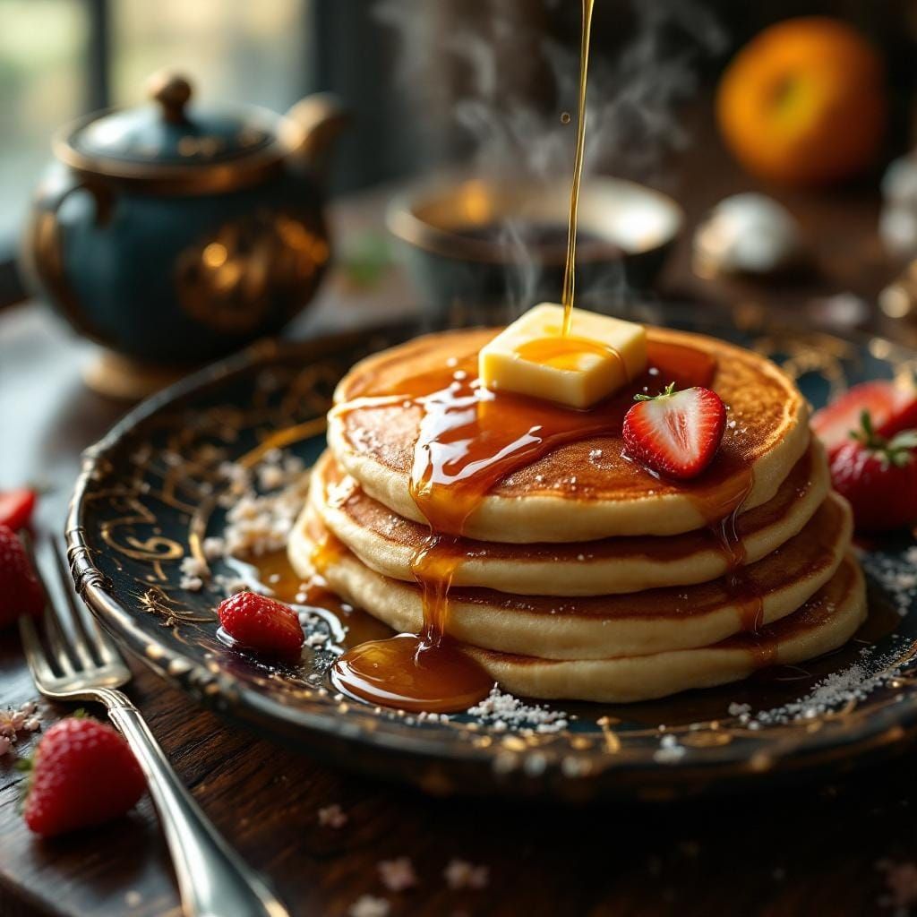 Pouring syrup on pancakes