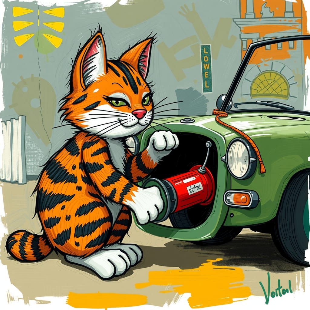 Cat Mechanic Fixing Car in Abstract Art Style