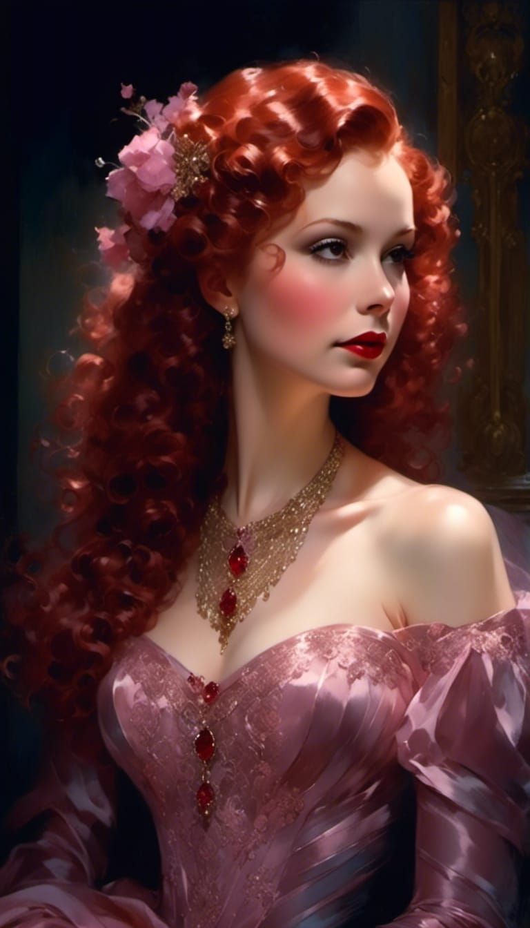 Elegant Redhead in 1930s Gown, Dreamy Digital Art