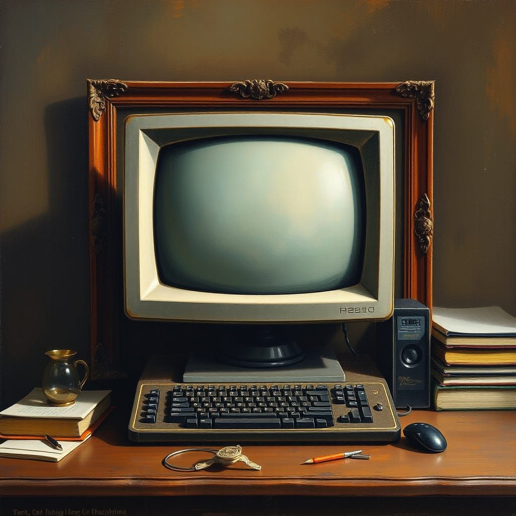 Antique Oil Painting of Vintage Computer on Wooden Desk