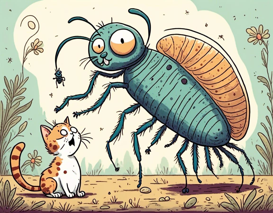 a giant flea with a small cat
