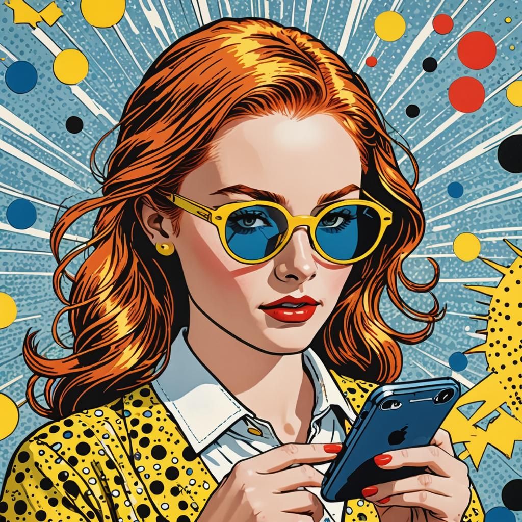 Ginger Woman with iPhone in Roy Lichtenstein Pop Art Style