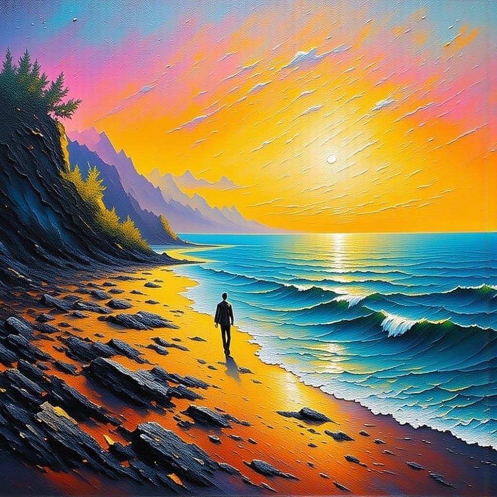 Summer Night Seascape with Impasto Brushstrokes