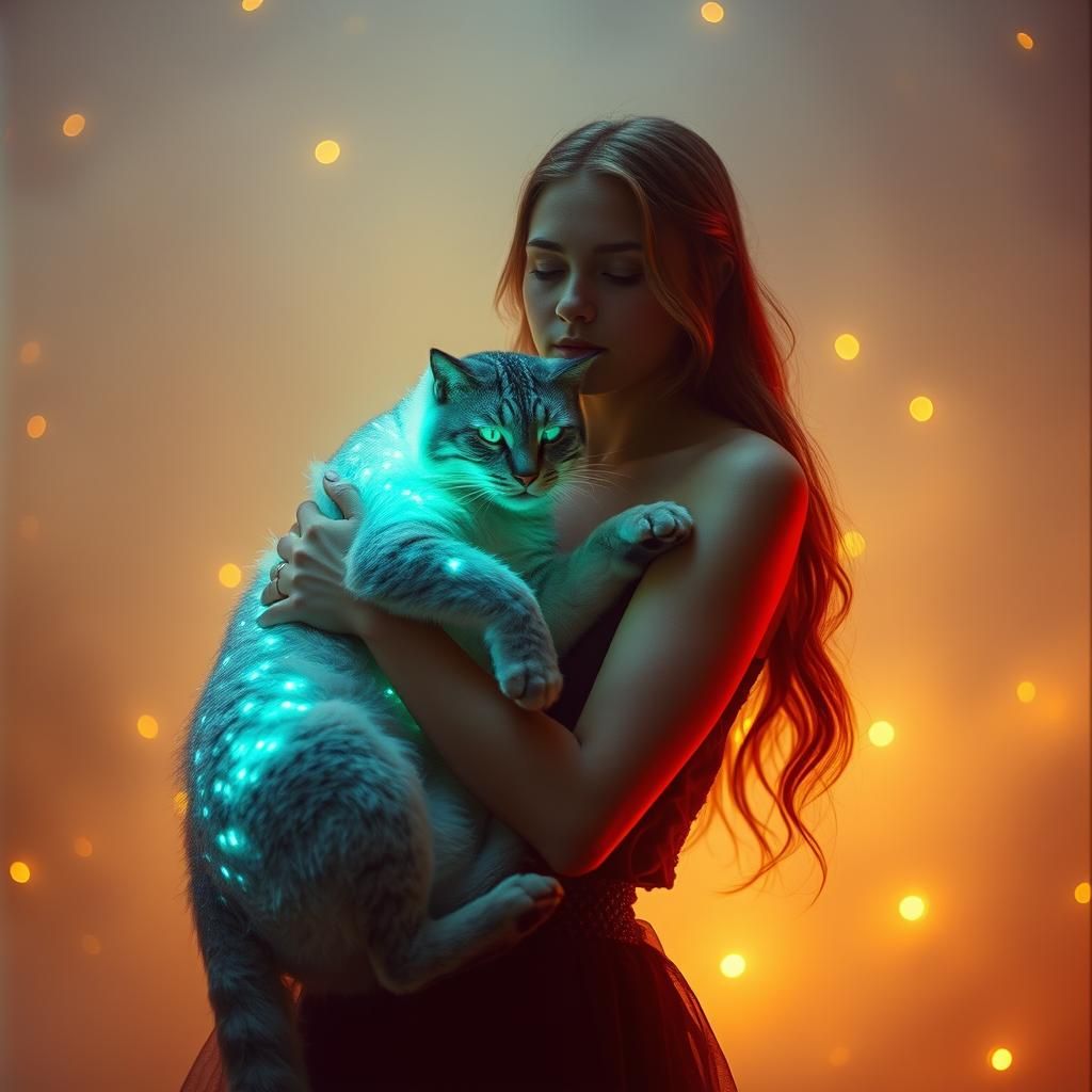 Emma and Bioluminescent Cat in Dreamlike Setting