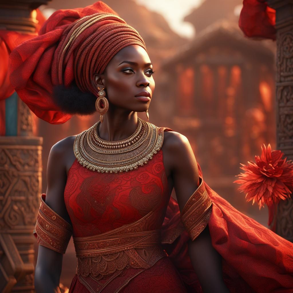 African Woman in Red Dress, Detailed Matte Painting