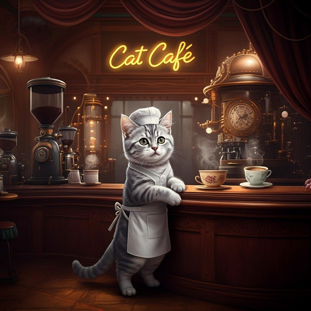 Adorable Tabby Cat Barista in Fantasy Cafe