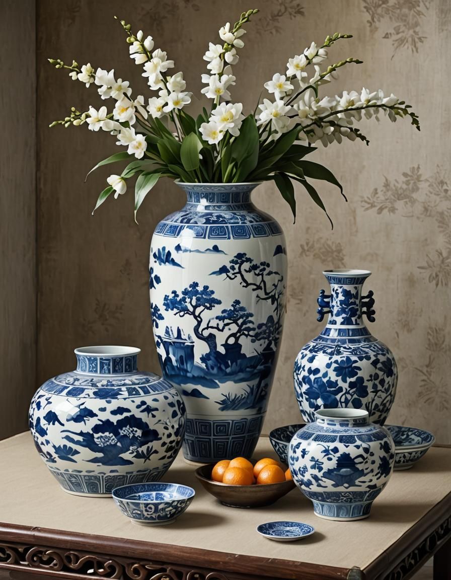 Asian Table with Blue and White Vase