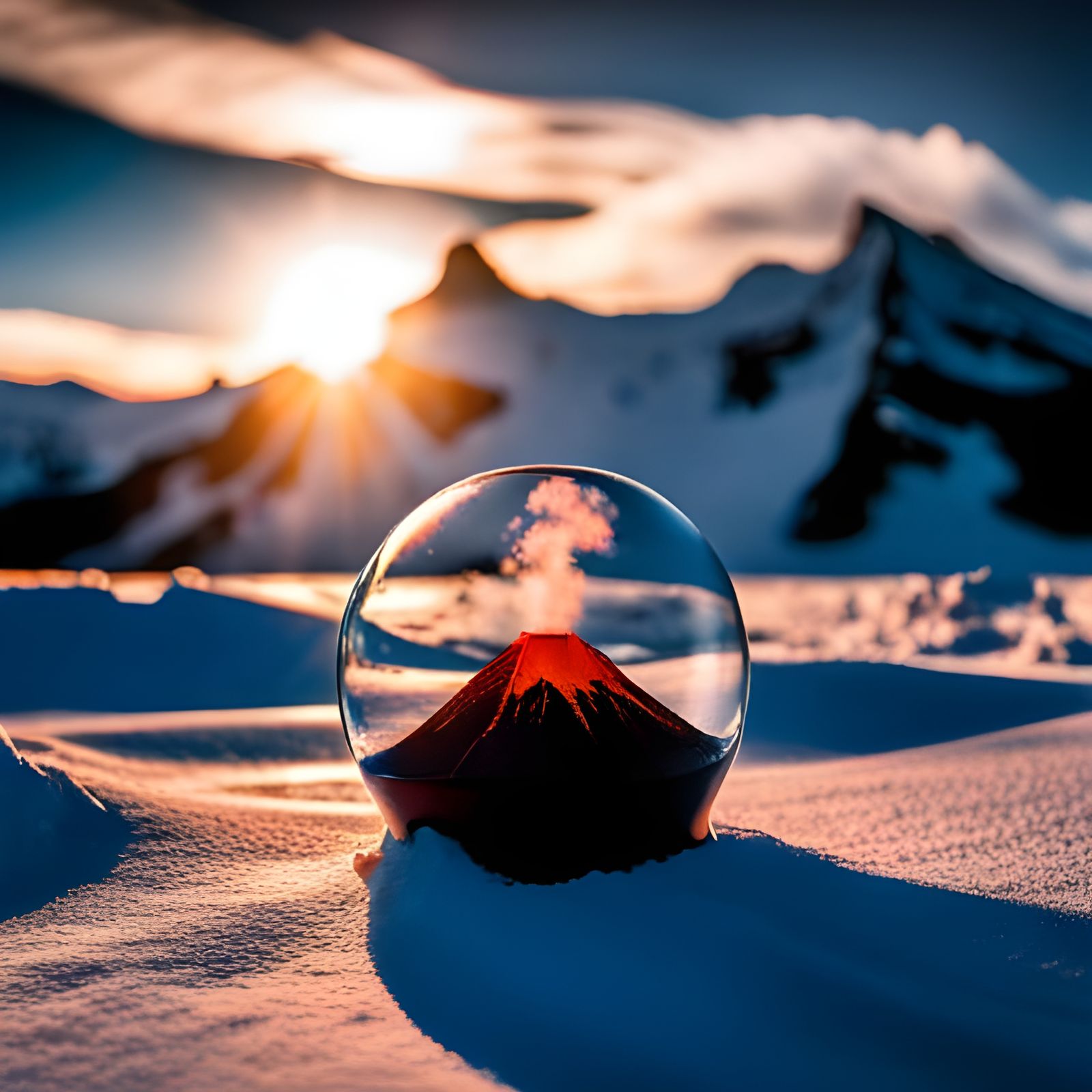 Miniature Volcano Inside Glass Sphere on Snow