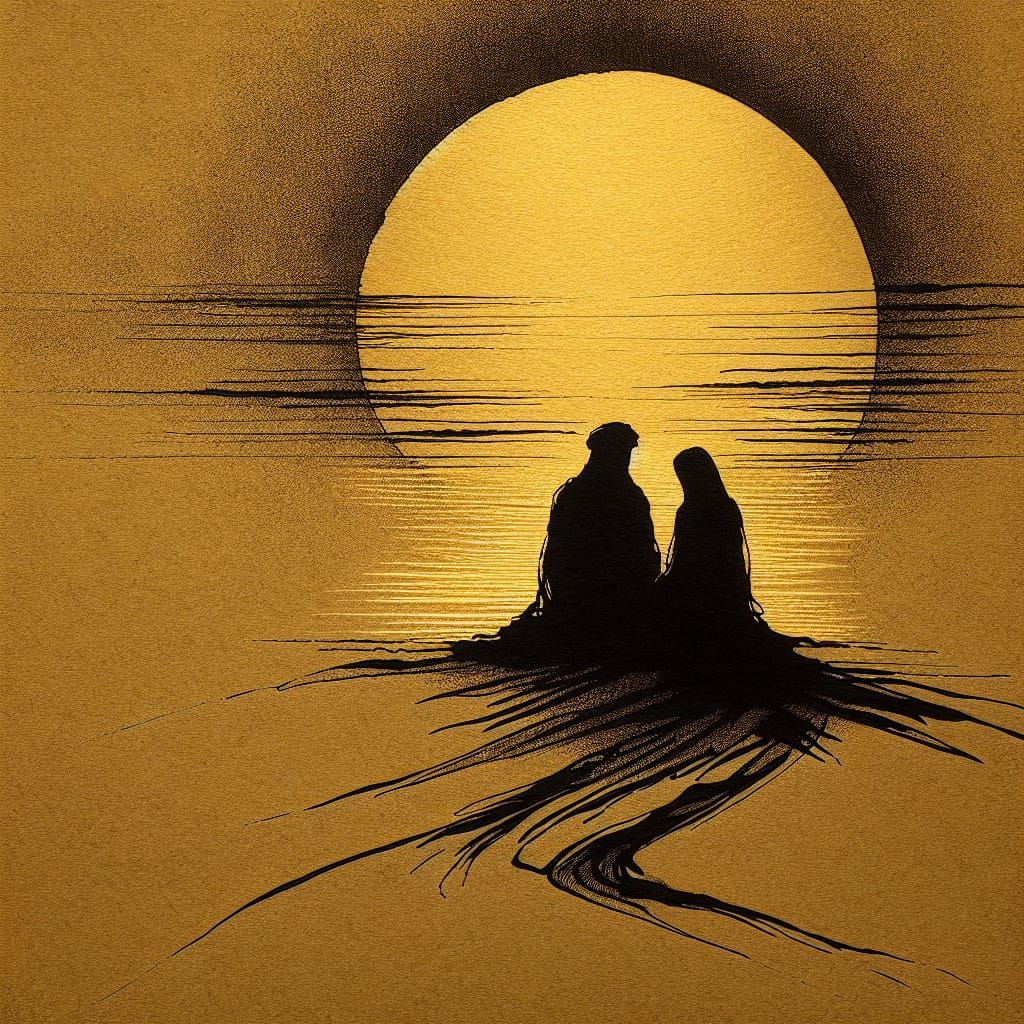 Poignant Ink Sketch of Friendship at Sunrise