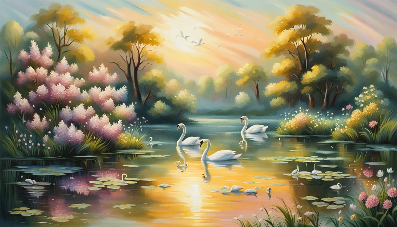 Romantic Oil Painting of Swans on a Serene Lake