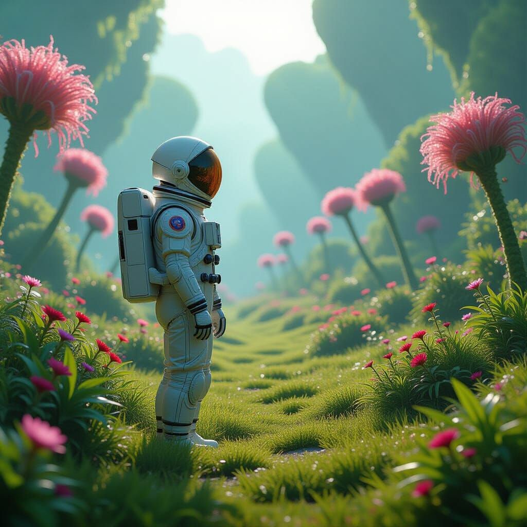 Astronaut Explores Alien Garden with Luminous Flora