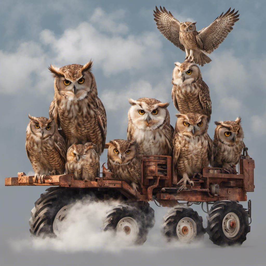 A tower made of huge owls driving tractors, white background...