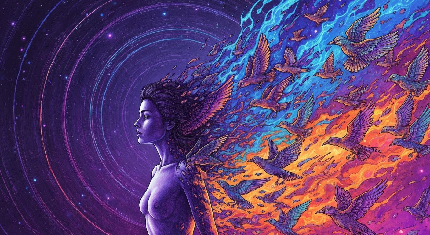 Woman Transforms into Birds Amidst Cosmic Energy