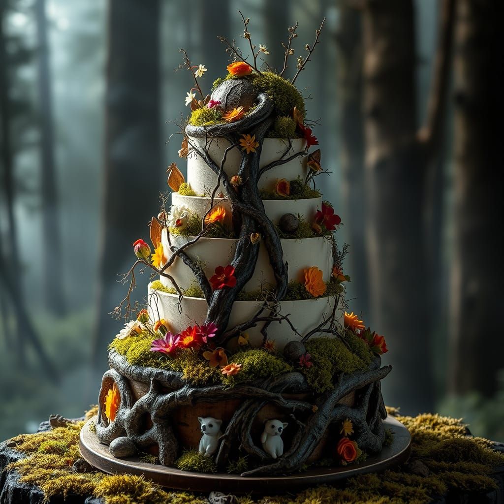 Mystical Forest Cake in Hyperrealistic Style