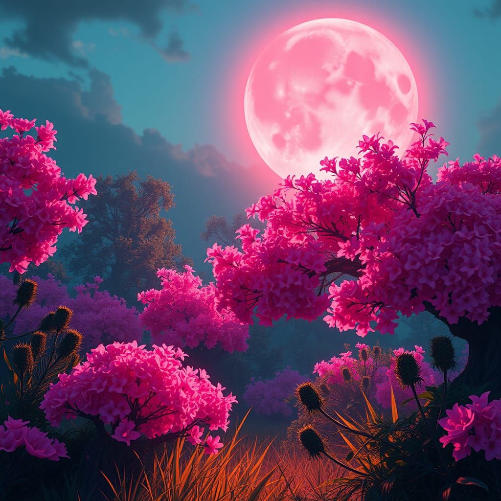 Pink Moon Illuminates a Lush Garden
