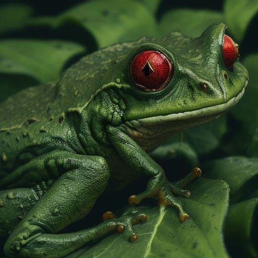 A Frog Perched on a Wet Leaf in a Cinematic Film Still