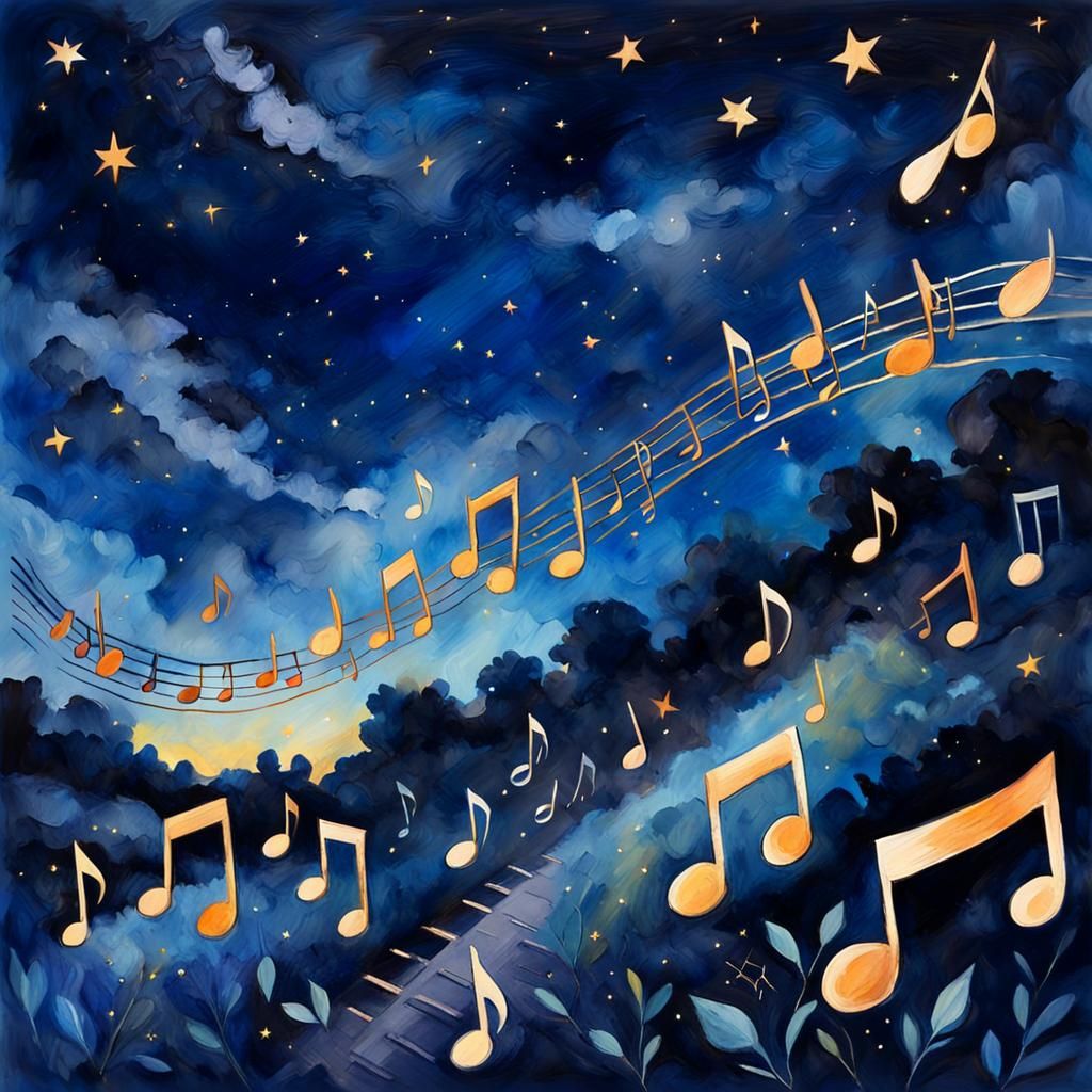 Musical Notes in Starry Sky: Impasto Gouache Painting