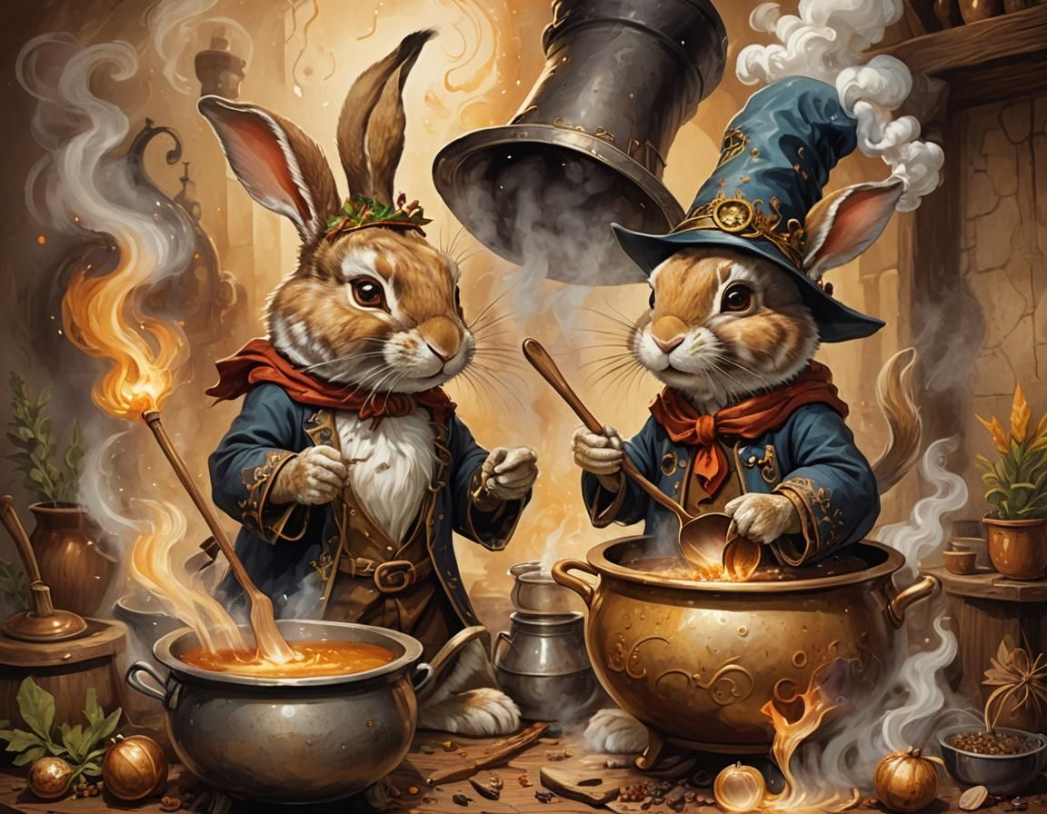 Wizard Rabbit Brewing Potion, Digital Art