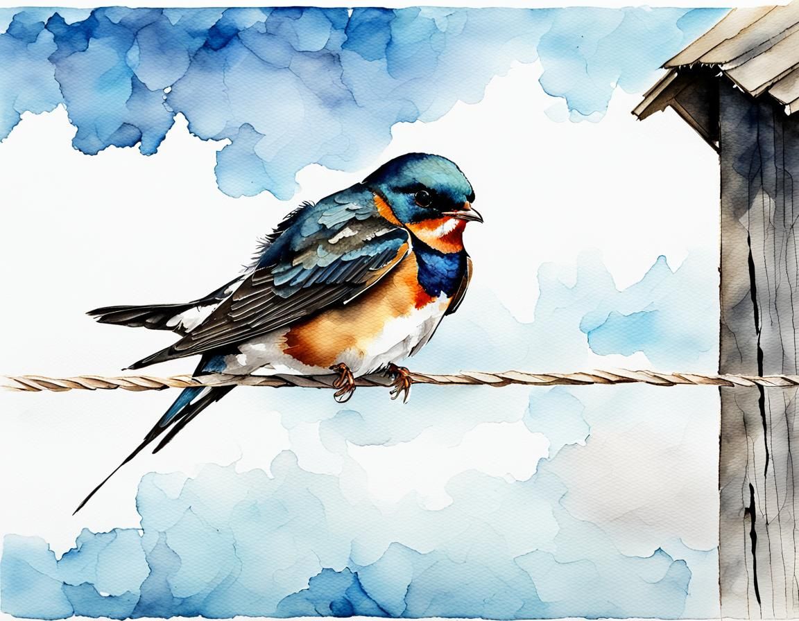 Barn Swallow on Clothesline in Impressionist Watercolour