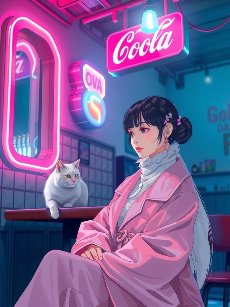 Japanese Woman in Retro Bar, Anime Style