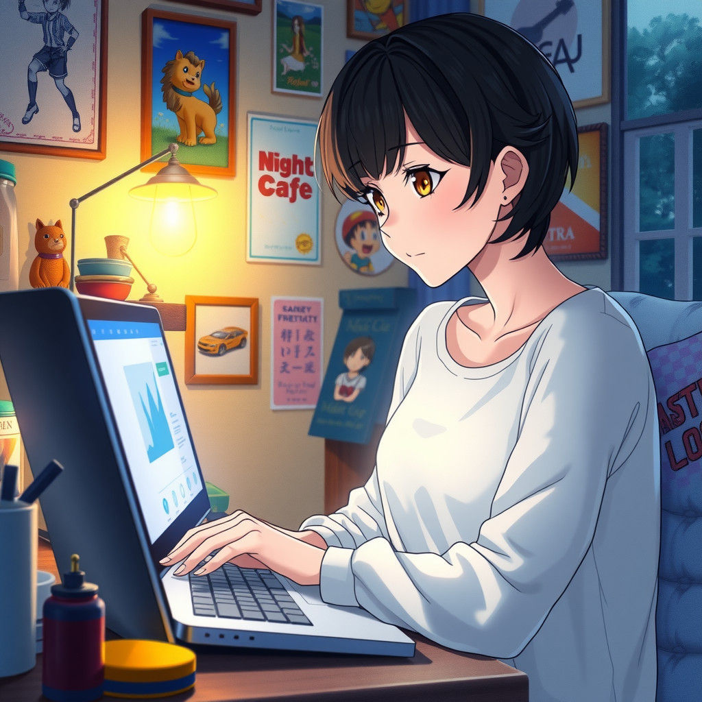 Anime Woman Checking Night Café, Digital Art