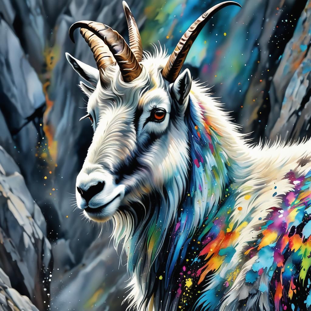 Hyper Detailed Mountain Goat with Watercolor Effects