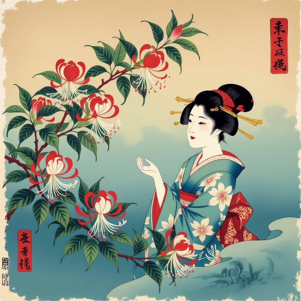 Honeysuckle Blooms in Ukiyo-e Inksplash Style