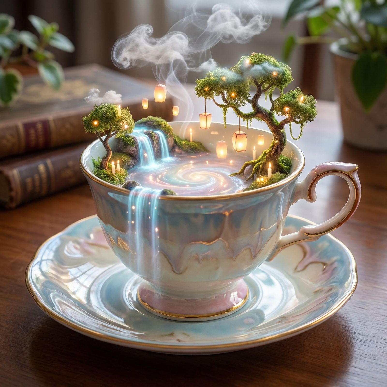 Fantasy World Inside a Teacup with Glowing Waterfalls
