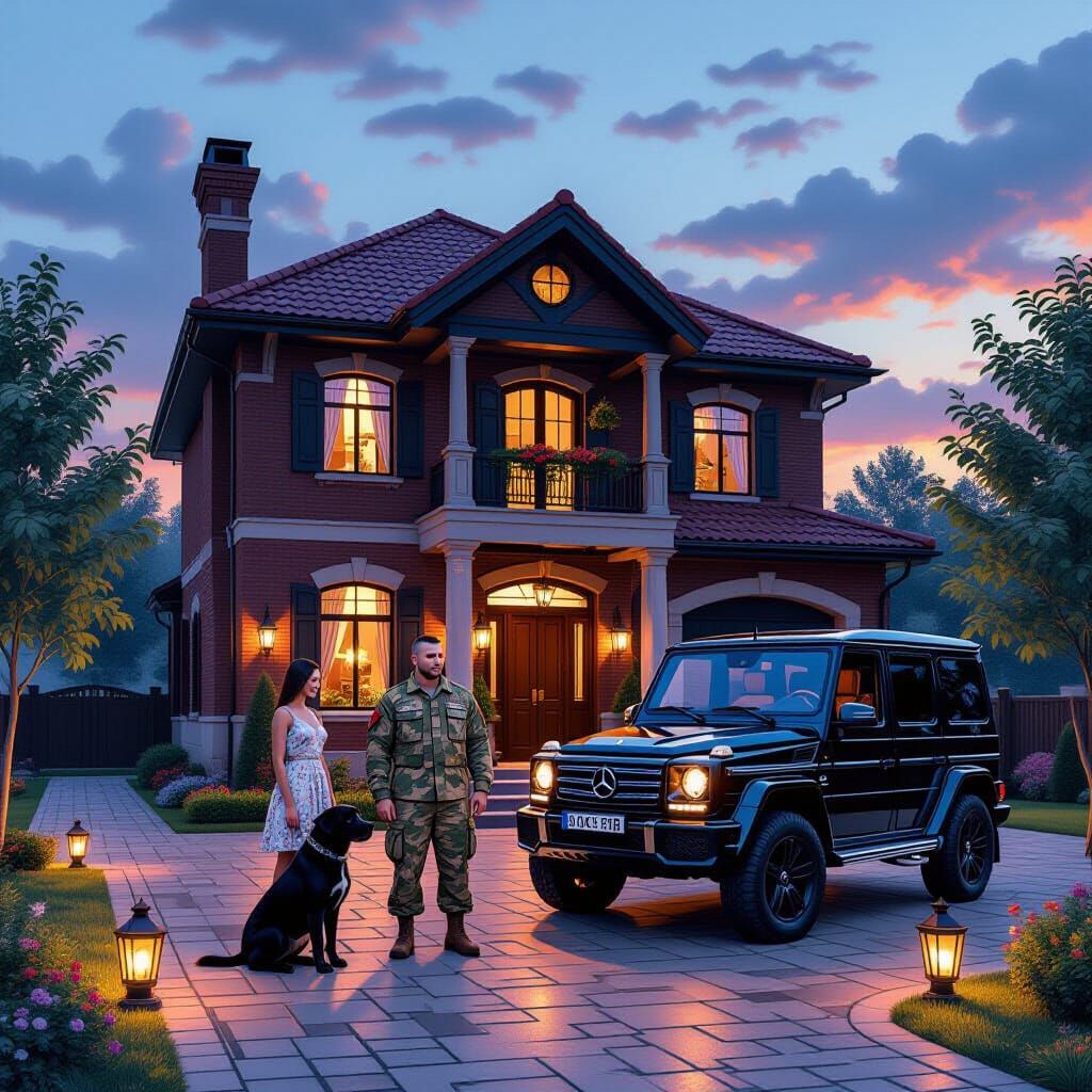 Ukrainian Soldier Returns Home Summer Evening Digital Painti...