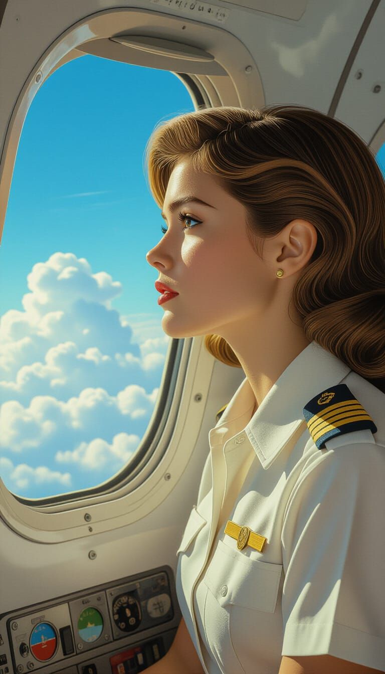 1970s Stewardess Contemplates Clouds in Flight