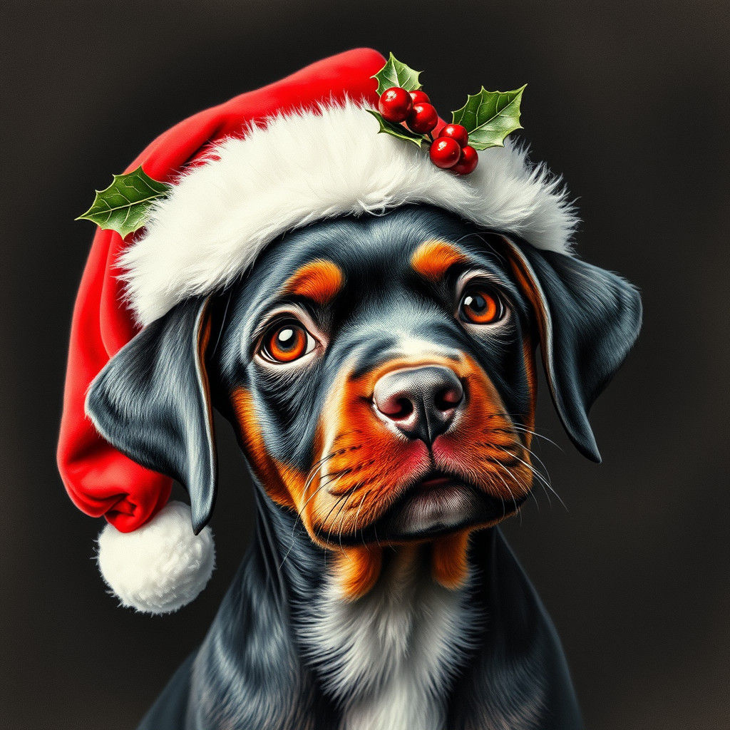 Puppy in Santa Hat: Charcoal Drawing in Realism Style